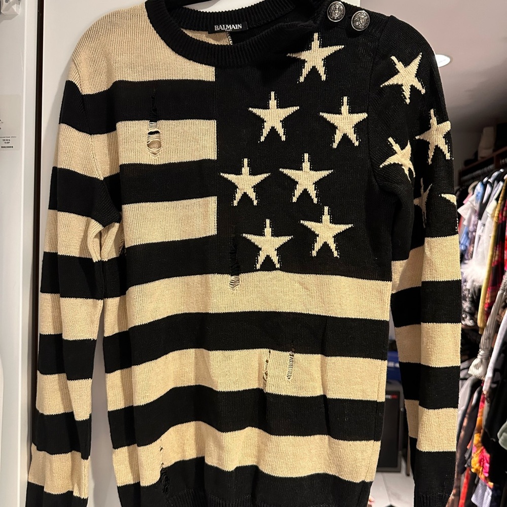 Balmain Black and Cream Star Striped Sweater